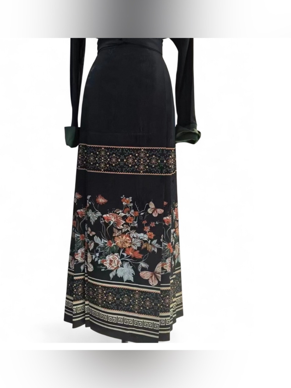 Black Satin Floral Horse Face Maxi Skirt